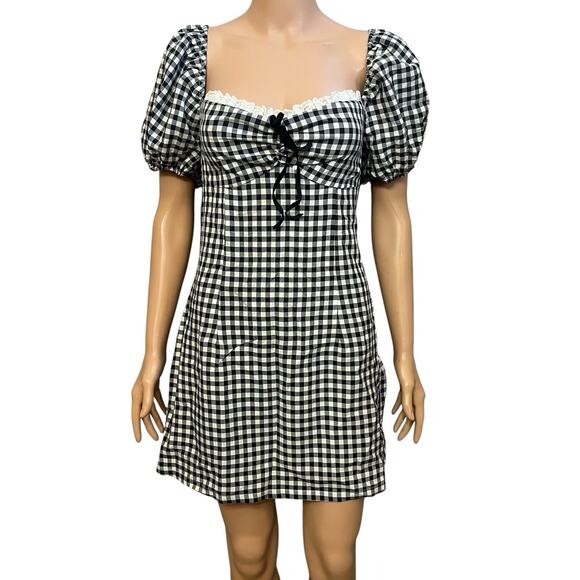 Cider Gingham Milkmaid Mini Dress Large Puff Sleeve Bow Coquette Cottagecore - Picture 1 of 10